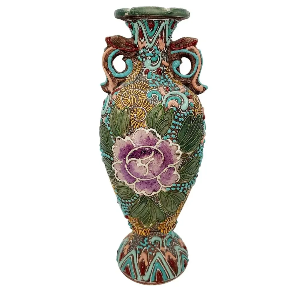 Antique Japanese Satsuma Earthenware Vase Urn Heavy Moriage  Hand Painted Floral